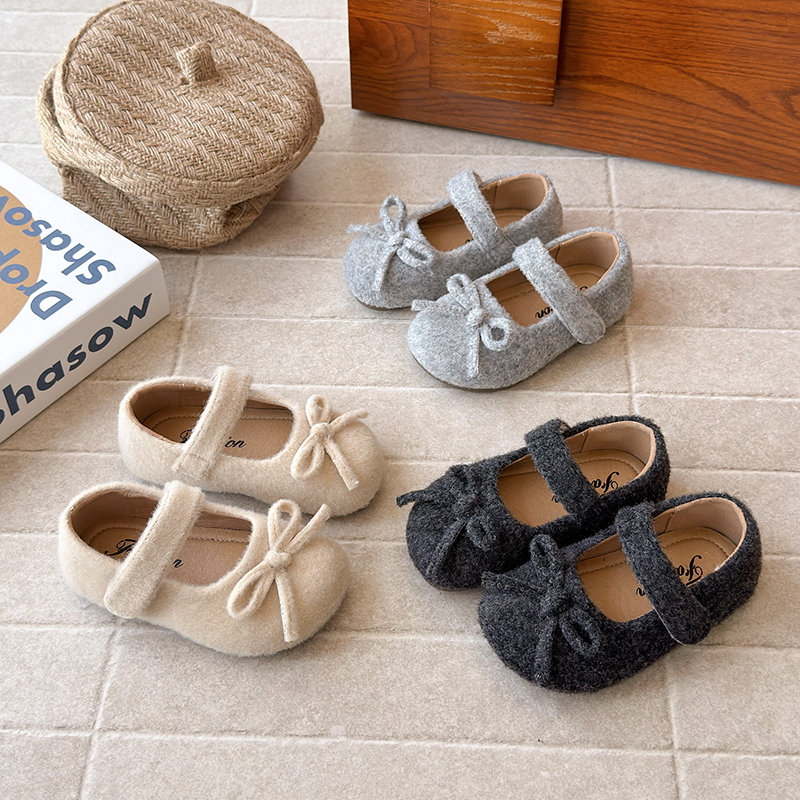 ins法式小皮鞋2025春秋季新款韩版女童毛毡蝴蝶结公主鞋软底单鞋