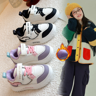2025冬季新款女童加绒保暖运动鞋小中童卡通板鞋男童皮面二棉鞋子