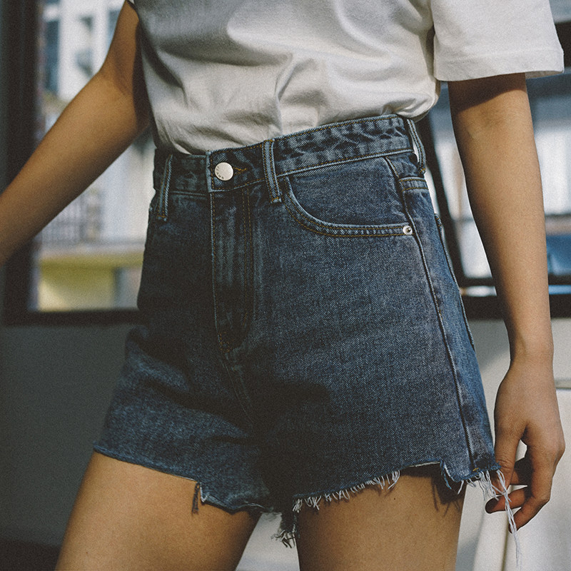 复古前短后长蓝色牛仔短裤女高腰a字热裤提臀显瘦性感阔腿裤子潮