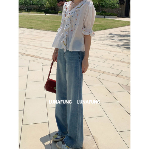LUNAFUNG冯下文·蓝复古直筒牛仔裤女夏韩系高腰显腿长小个子长裤