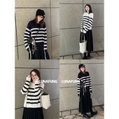LUNAFUNG冯下文圆领套头条纹肩扣宽松针织毛衣女羊毛混纺慵懒上衣