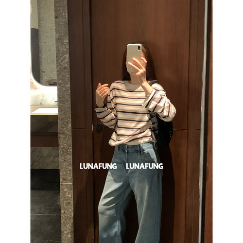 LUNAFUNG冯下文·条纹圆领套头针织衫莱赛尔混纺宽松抽绳文淇穿搭