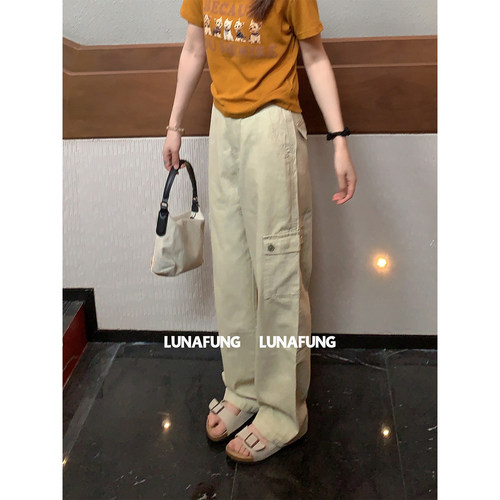 LUNAFUNG冯下文·高腰工装风阔腿裤水洗全棉休闲裤女夏多口袋裤子