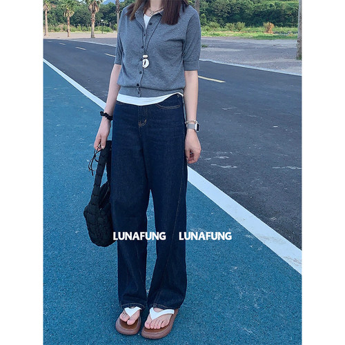 LUNAFUNG冯下文·高腰直筒慵懒牛仔裤女早秋显瘦显高显腿长阔腿裤