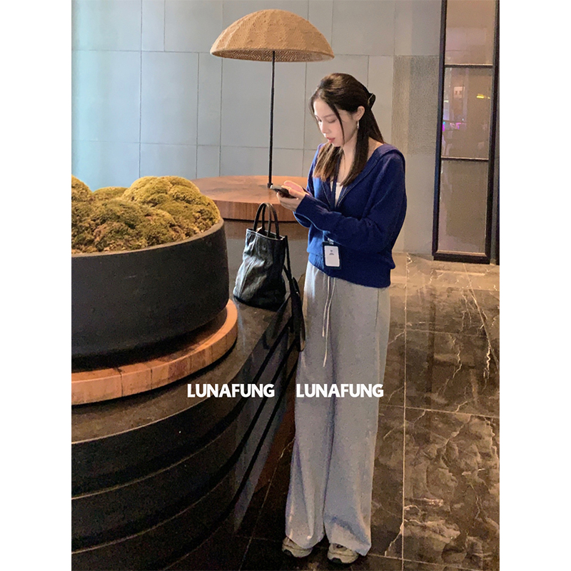 LUNAFUNG冯下文·赵露思连帽拉链针织开衫卫衣松紧腰阔腿长裤卫裤