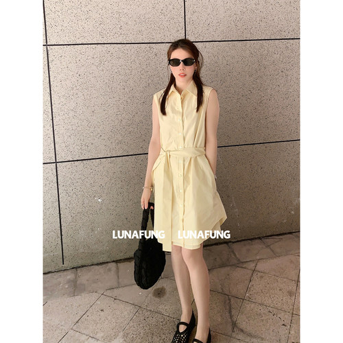 LUNAFUNG冯下文·双层翻领绑带收腰连衣裙女夏天中长款全棉衬衫裙