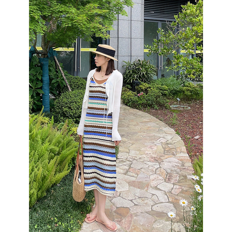 LUNAFUNG冯下文彩色条纹纯欲针织背心吊带裙女夏季法式连衣裙长裙图片