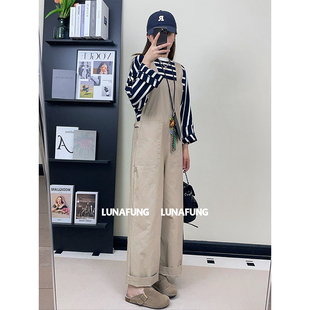 子 吊带宽松阔腿卡其裤 LUNAFUNG冯下文·巴恩风阔腿工装 风背带裤