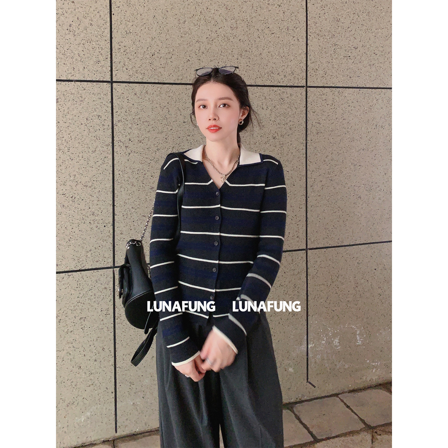 LUNAFUNG冯下文·深灰复古撞色条纹开衫针织衫绵羊毛混纺修身上衣