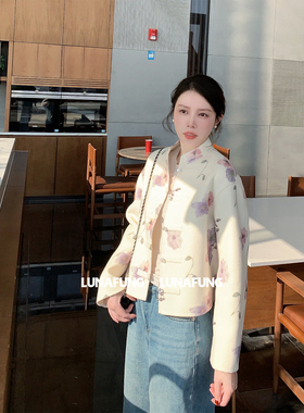 LUNAFUNG冯下文·白色印花羊毛新中式拜年服女双面呢外套国风上衣