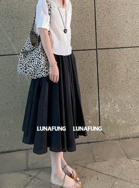 LUNAFUNG冯下文·黑色松弛半身裙褶皱伞裙A字裙宽松显瘦裙子长裙