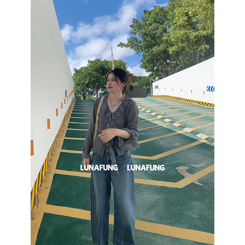 LUNAFUNG冯下文·灰色镂空针织开衫羊毛女慵懒花瓣边韩系V领上衣