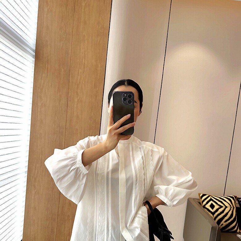 C4907 美美美 重工风琴褶 灯笼袖真丝棉衬衫 白色