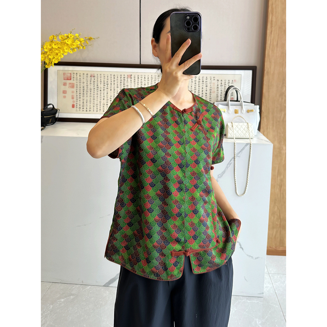 C4413 超爱 彩色云纹 缎面香云纱 改良中式衫上衣