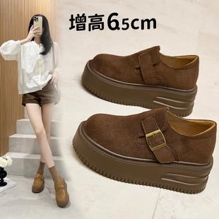 磨砂真皮勃肯鞋 女松糕厚底增高一腳蹬扣帶復(fù)古樂福鞋 小碼