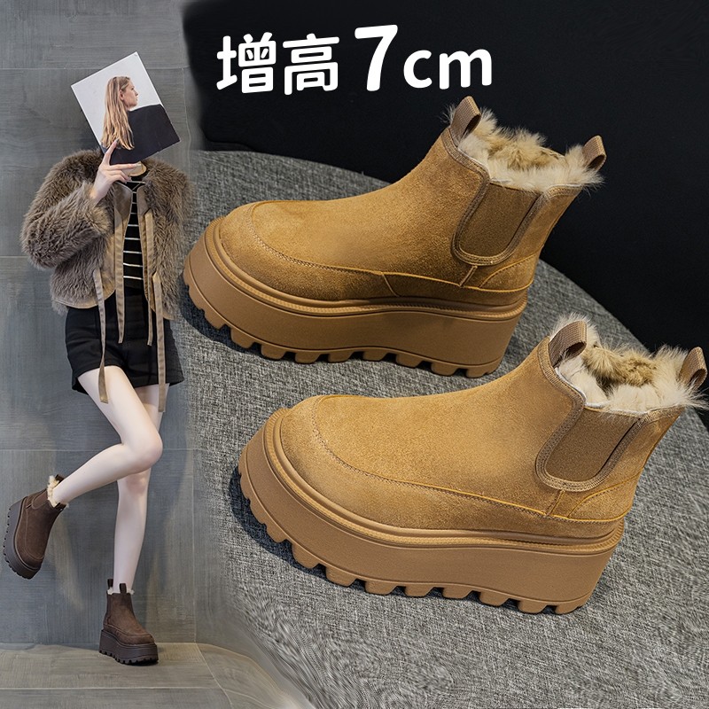 小个子磨砂真皮马丁靴女松糕厚底加绒加厚复古大棉雪地靴小码34码