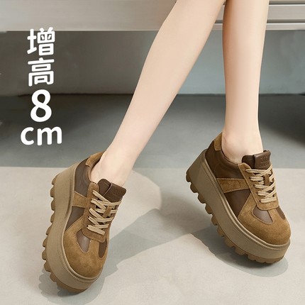 真皮美拉德内增高鞋德训鞋女厚底拼接系带显瘦松糕鞋小码32 33 34