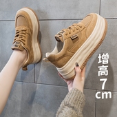 真皮内增高松糕鞋 女ins潮厚底软底系带复古显瘦低帮板鞋 小码