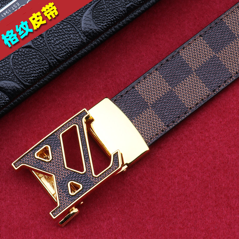 格纹皮带男自动扣字母腰带中青年理发师潮流个性时尚裤带头层牛皮