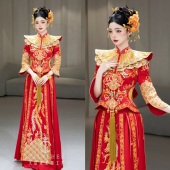 定做款 盘金刺绣苏绣齐地红金大摆龙凤褂嫁衣 高定醋酸缎新中式