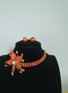 瑕疵新娘礼服奢华晚宴锆石三件套套装红色水钻演出视频夜店项链