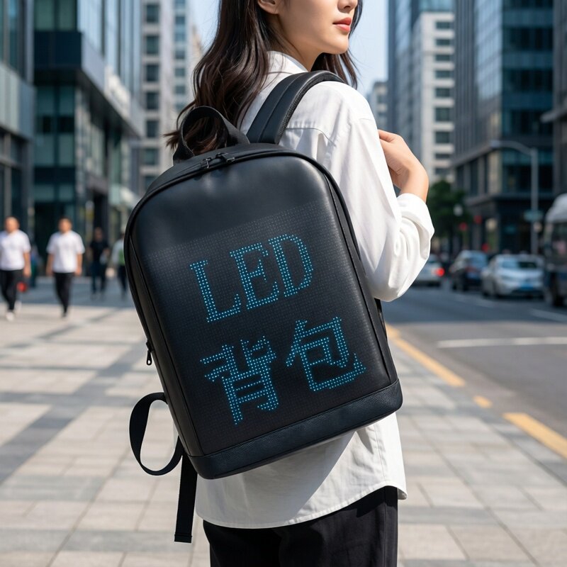 智能LED背包双肩包涤纶面料DIY更换LED屏显示内容如图片文字动图