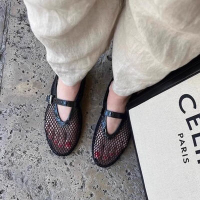 法式镂空芭蕾舞鞋女平底一字扣金属网状玛丽珍鞋女小众设计单鞋