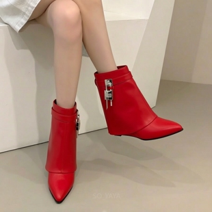 管边坡跟圆头皮面高跟拉链短筒靴女鞋 大筒围锁扣裙裤 新款 欧美冬季