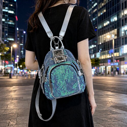 跨境新款洋气亮片时尚双肩包女个性百搭背包小众多用宽带斜挎包潮