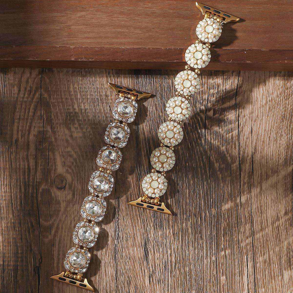 适用苹果手表镶嵌仿珍珠水钻弹性表带兼容AppleWatch女士表带