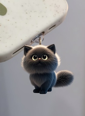 跨境爆款亚克力手机防尘塞挂饰吊坠2D 可爱的黑色胖胖猫Type-C