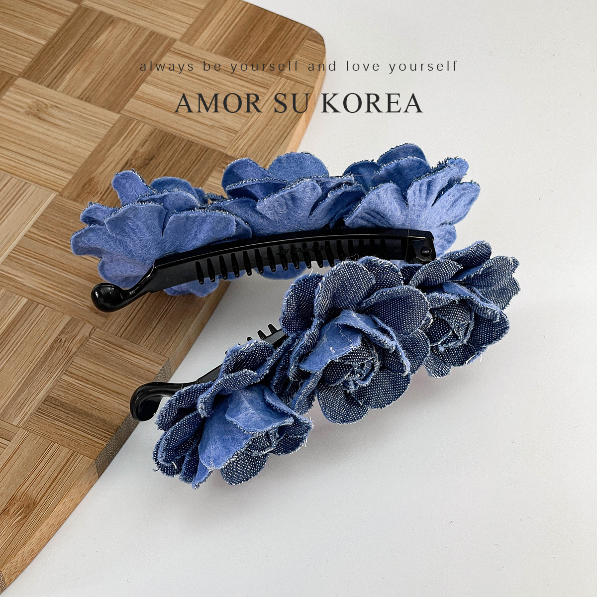 AMOR SU KOREA 韩国东大门牛仔蓝山茶花后脑勺马尾固定发夹香蕉夹