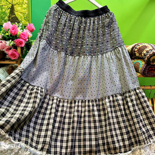 色织格子纯棉长裙2025春夏秋半身裙子长款大摆拼接黑色松紧腰女士