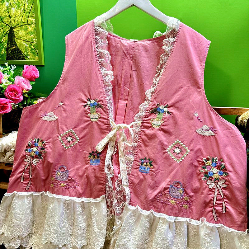 薄款夏季马甲/高档棉/2026系带开衫外穿宽松大码蕾丝花边拼接女士