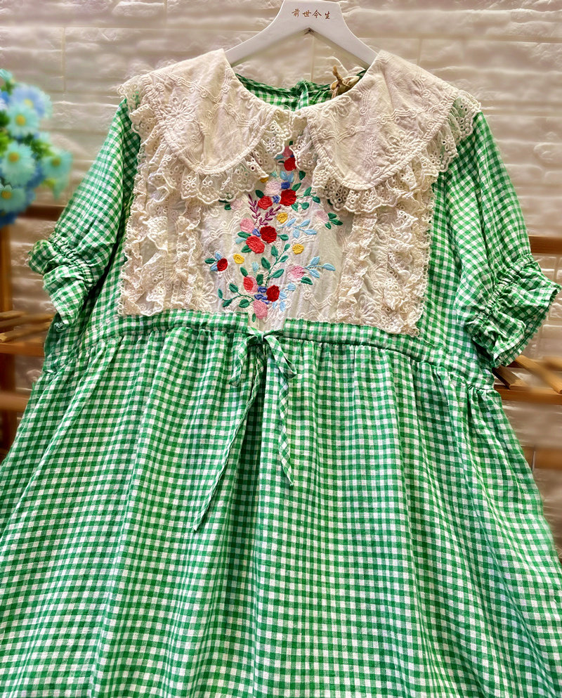 森林绿/熊姑娘长裙/天然色织亚麻/花边连衣裙短袖格子大码夏装女