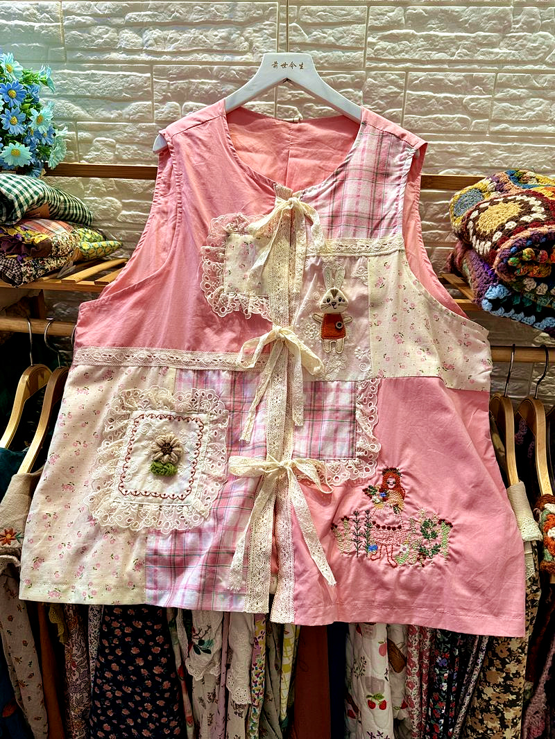 粉红拼布/薄款夏季马甲/高档洗水棉/绑带开衫宽松大码女蕾丝花边