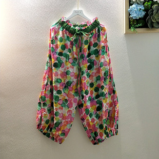 夏款女装民族风棉麻裤子印花宽松大码灯笼裤九分长裤复古森系薄款