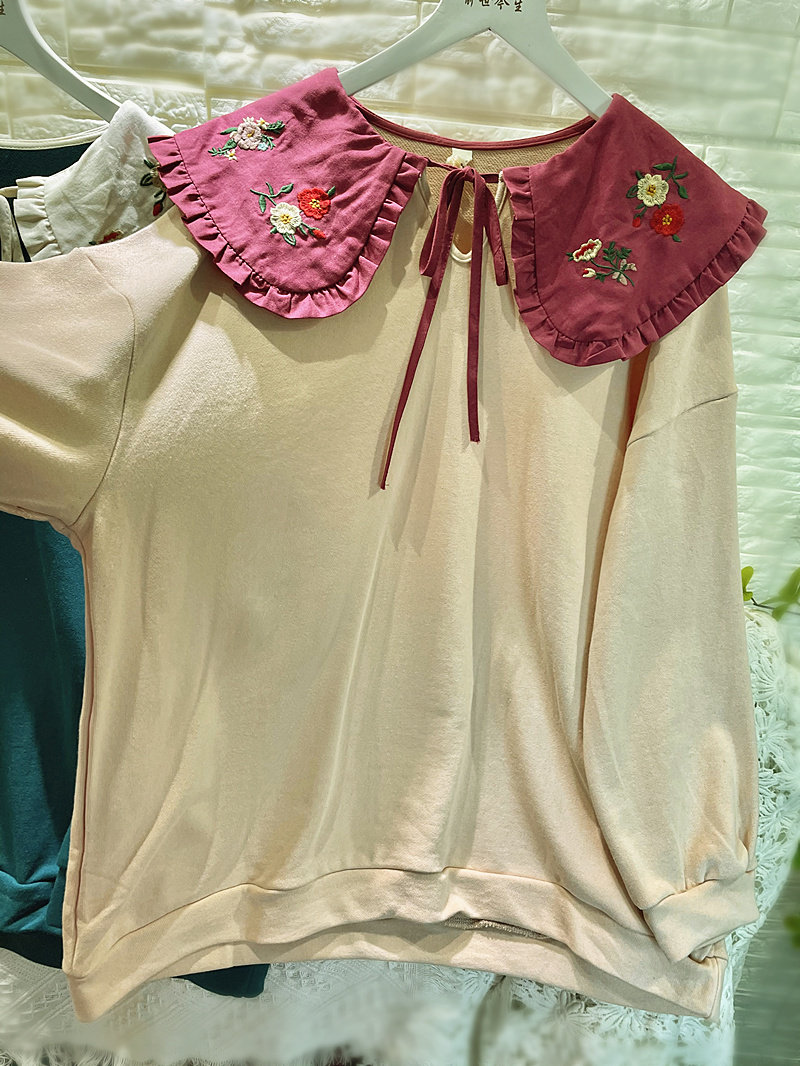 2026春秋季薄款卫衣套头宽松大码翻领纯色刺绣长袖胖MM女外套纯棉