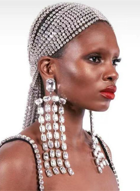 欧美夸张周秀款重工满钻方形长款耳环流苏宝石闪钻耳饰女earring