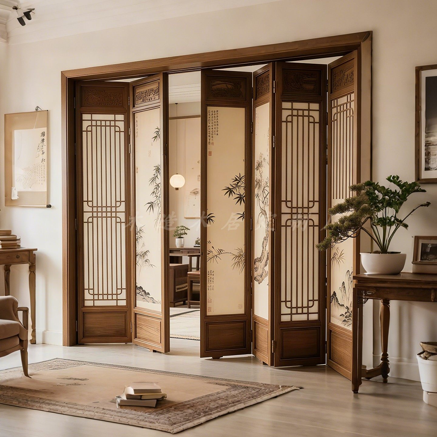 折叠门隔断门宋代美学山水画吊轨门中式国风阳台厨房联动门推拉门,全屋定制,卧室门,淘宝优惠券,粉丝福利购,淘宝优惠卷