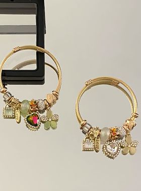 跨境新款不锈钢串珠爱心幸运草吊坠手镯百搭可调节个性闺蜜手环