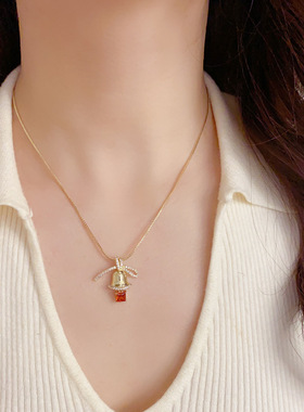 圣诞款~秋冬高级感蝴蝶结铃铛吊坠项链精致时尚轻奢百搭锁骨链女