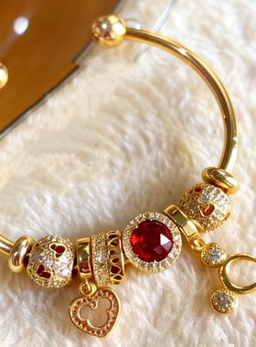 潘家新款DIY开口手镯女ins小众轻奢微镶仿红书宝石爱心送女友手链