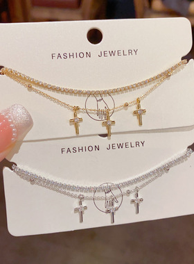 欧美跨境时尚复古镶钻双层十字架手链气质轻奢独特设计感手饰批发