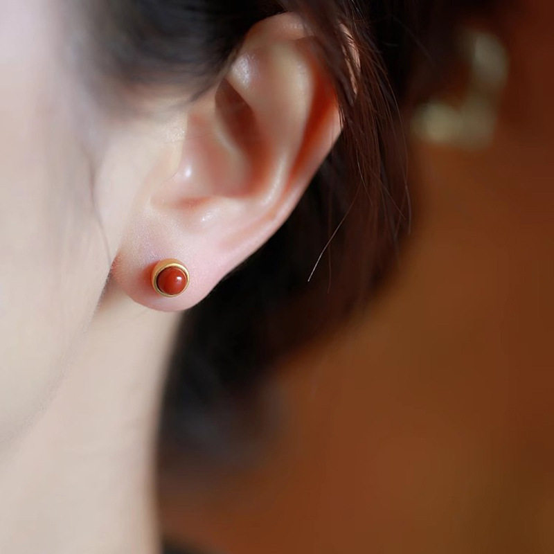 简约宫廷风红松石耳钉女极简优雅淑女新年简约首饰 tiktok潮流饰