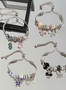 跨境小众手链女设计感串珠不锈钢手链小熊蝴蝶结镂空闪钻魅力手饰