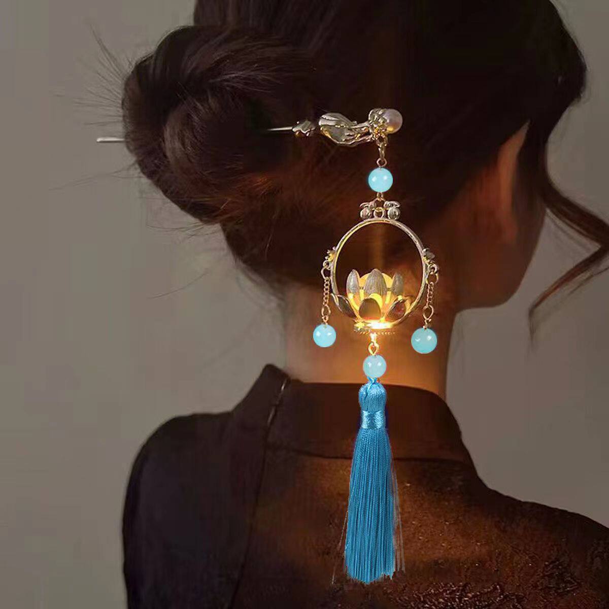 复古发光莲花宫灯流苏发簪女古风汉服头饰蓝色发饰汉服配饰簪子