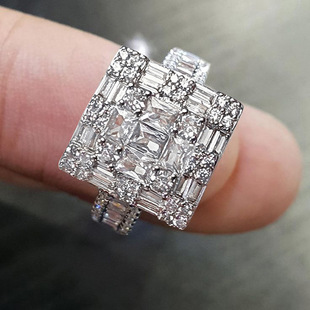四边形井字几何戒指女轻奢风闪亮婚礼首饰祖母切方钻豪镶时尚大气