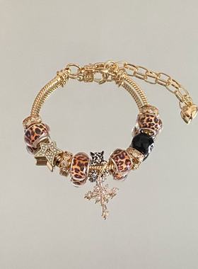 潘家手链跨境爆款DIY串珠手链女铜镶锆十字架豹纹珠黑八时尚首饰