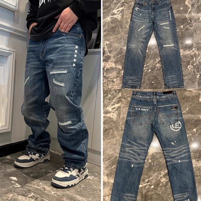 牛仔裤UE五星赤耳丹宁直筒宽松